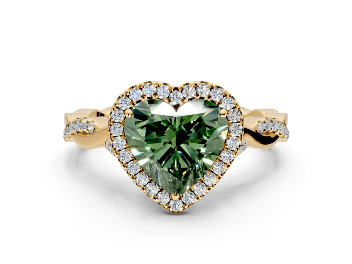 Halo Engagement Ring Setting for Fancy Green Heart-Shaped Center with Twist Band and Prong Head in Yellow Gold