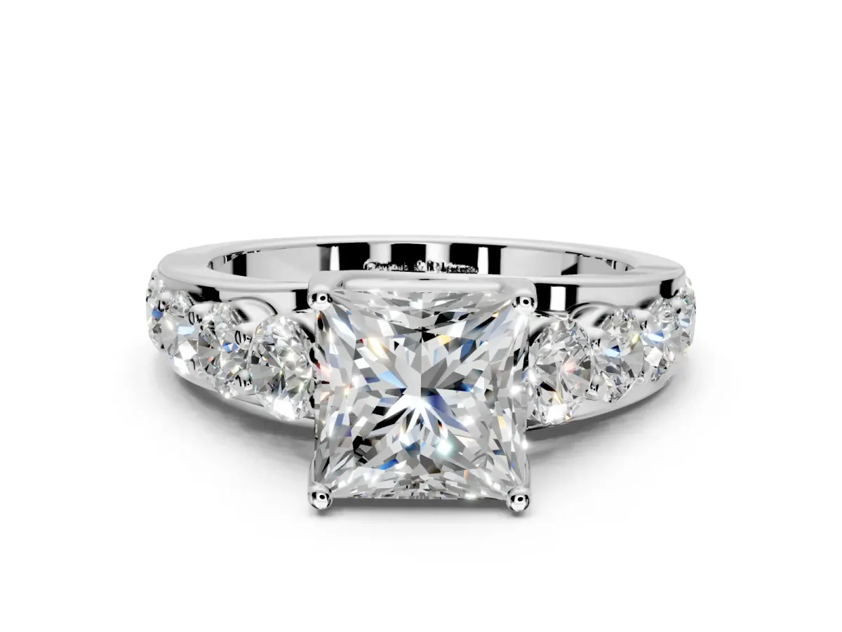 Solitaire Engagement Ring Setting for Princess Cut Center with Graduated Shared Prongs and Prong Head in Sterling Silver