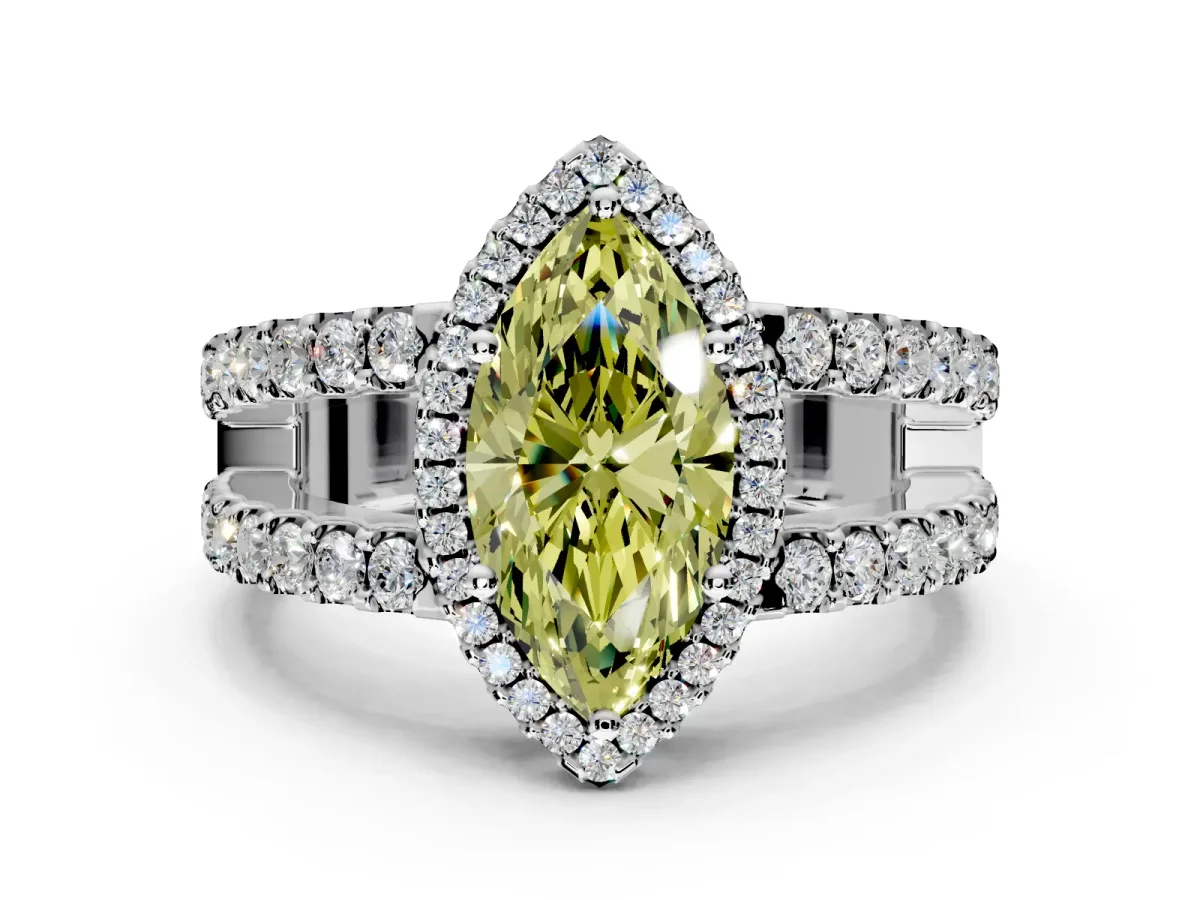 Halo Engagement Ring Setting for Fancy Yellow Marquise Center with Wide-Open Pave Split Shank and Prong Head in Platinum