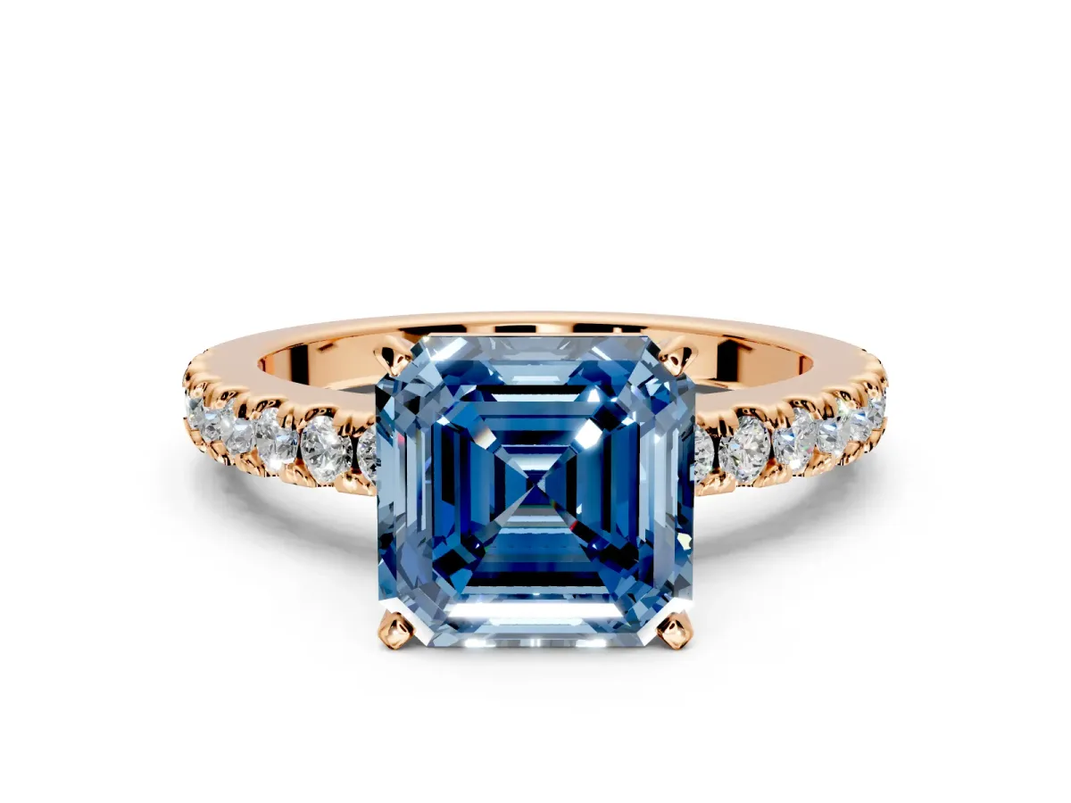 Solitaire Engagement Ring Setting for Fancy Blue Asscher Cut Center with Single Row Accent Band and Prong Head in Rose Gold