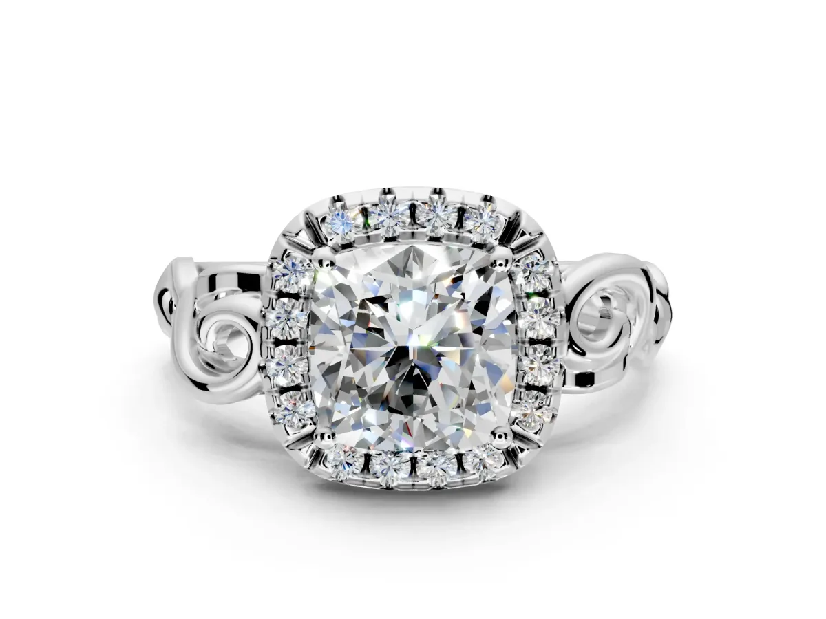 Halo Engagement Ring Setting for Cushion Cut Center with Open Scroll Shoulders and Prong Head in White Gold