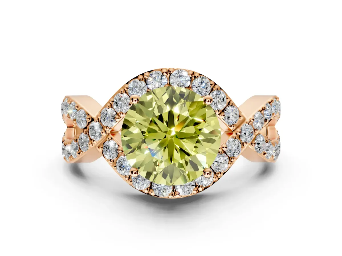 Halo Engagement Ring Setting for Fancy Yellow Round Cut Center with Pave Infinity Twist Band and Prong Head in Rose Gold