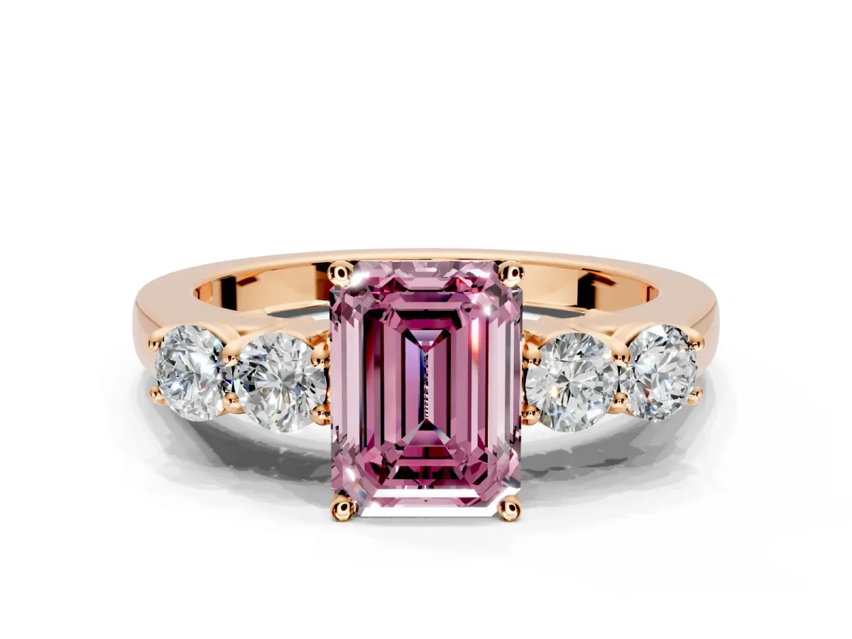 5 Stone Engagement Ring Setting for Fancy Pink Emerald Cut Center with Equal Close-Set Accents and Prong Head in Rose Gold