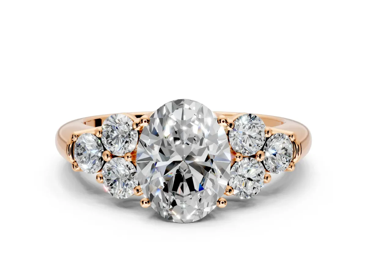 Cluster Engagement Ring Setting for Oval Center with Round Cut Accent Frame and Prong Head in Rose Gold
