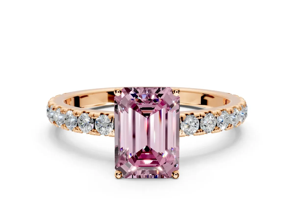 Solitaire Engagement Ring Setting for Fancy Pink Emerald Cut Center with Large Accent Band and Prong Head in Rose Gold