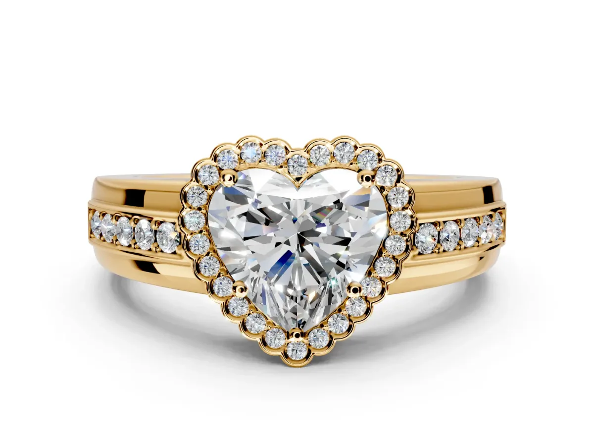 Halo Engagement Ring Setting for Heart-Shaped Center with Wide Band, Inlaid Accent Row and Prong Head in Yellow Gold