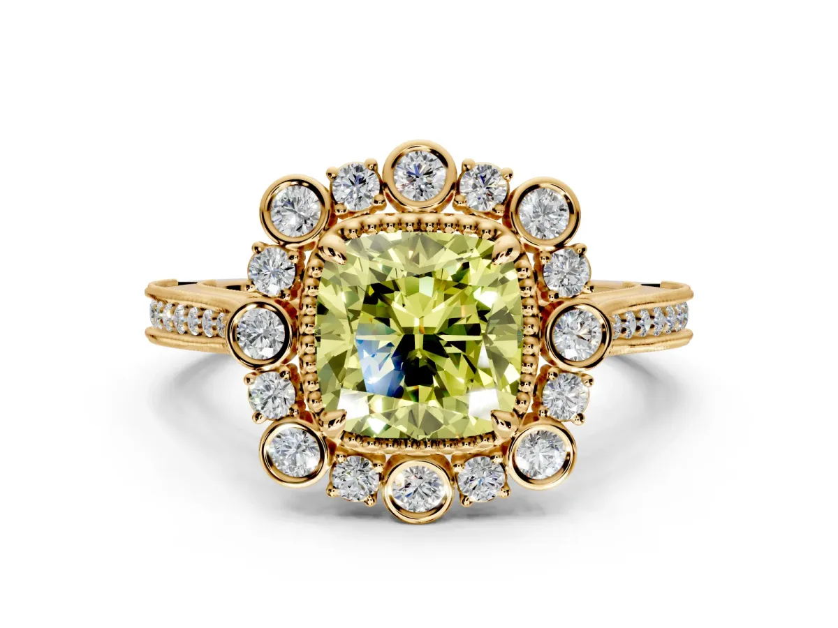 Milgrain Halo Engagement Ring Setting for Fancy Yellow Cushion Cut Center with Bezel Point Accents and Prong Head in Yellow Gold