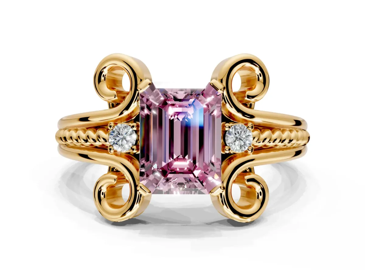 Solitaire Engagement Ring Setting for Fancy Pink Emerald Cut Center with Twisted Band and Scroll Prong Head in Yellow Gold