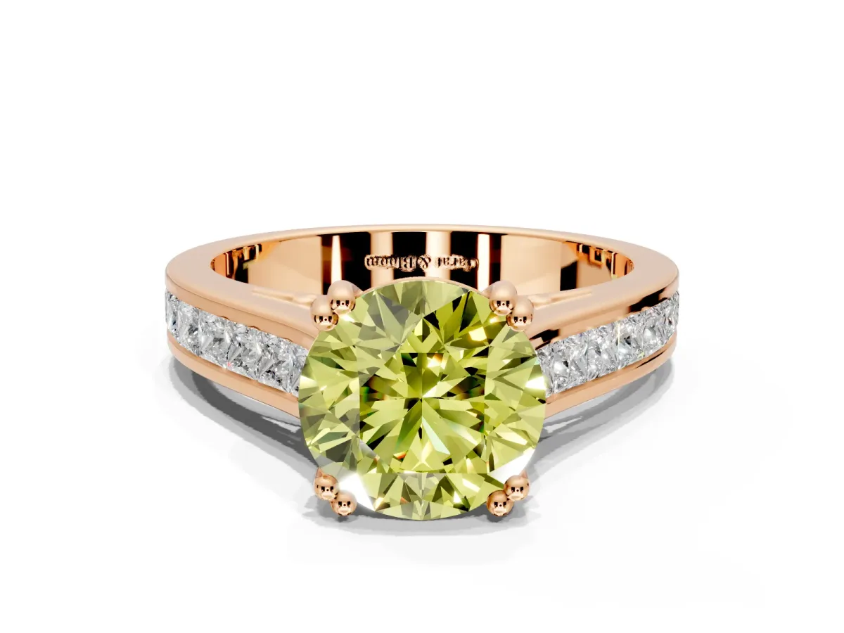 Solitaire Engagement Ring Setting for Fancy Yellow Round Cut Center with Channel Band and Double Claw Prong Head in Rose Gold