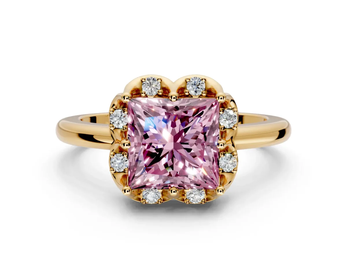 Floral Frame Engagement Ring Setting for Fancy Pink Princess Cut Center with Accent Clusters and Prong Head in Yellow Gold