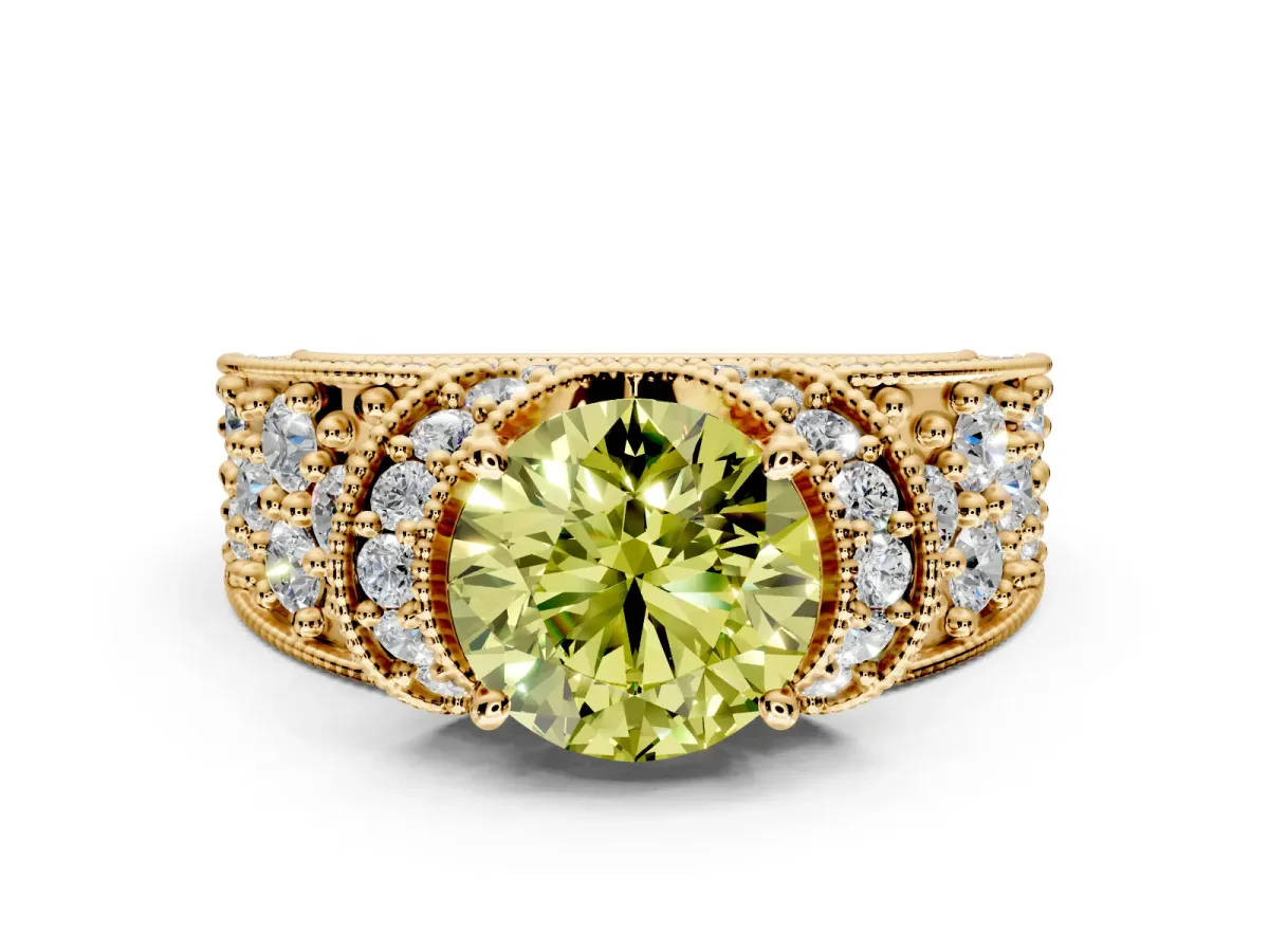 Pave Engagement Ring Setting for Fancy Yellow Round Cut Center with Curved Accent Rows, Openwork and Prong Head in Yellow Gold