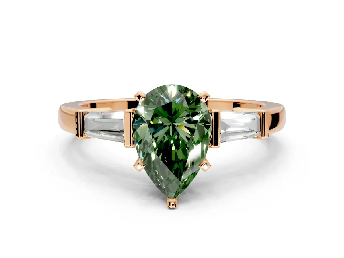 3 Stone Engagement Ring Setting for Fancy Green Pear-Shaped Center with Channel Baguette Accents and Prong Head in Rose Gold