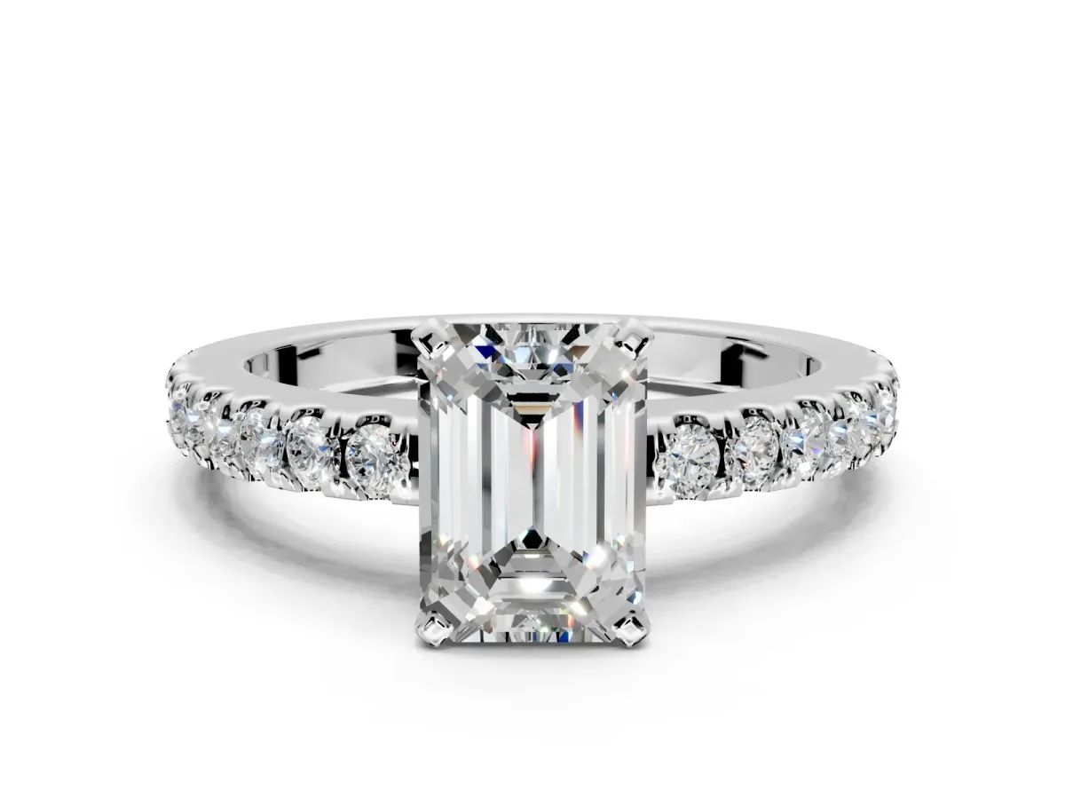 Solitaire Engagement Ring Setting for Emerald Cut Center with Single Row Accent Band and Prong Head in Sterling Silver
