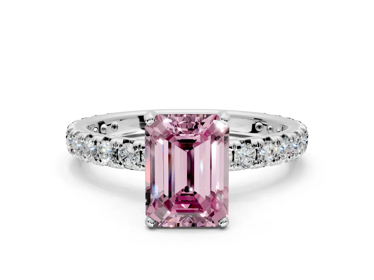 Solitaire Engagement Ring Setting for Fancy Pink Emerald Cut Center with Shared-Prong Accents and Prong Head in Platinum