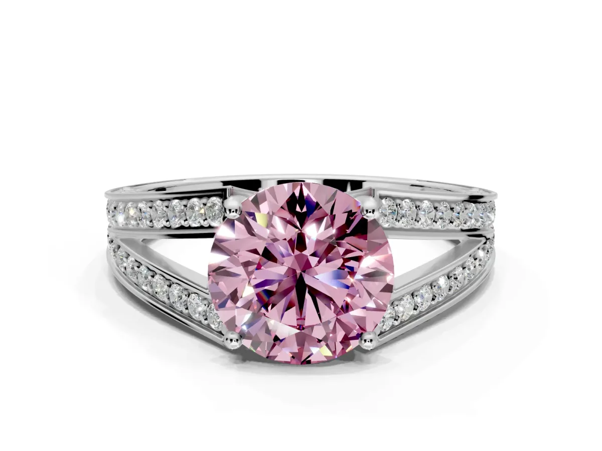 Split Shank Engagement Ring Setting for Fancy Pink Round Cut Center with Pave Split Shank and Prong Head in Platinum