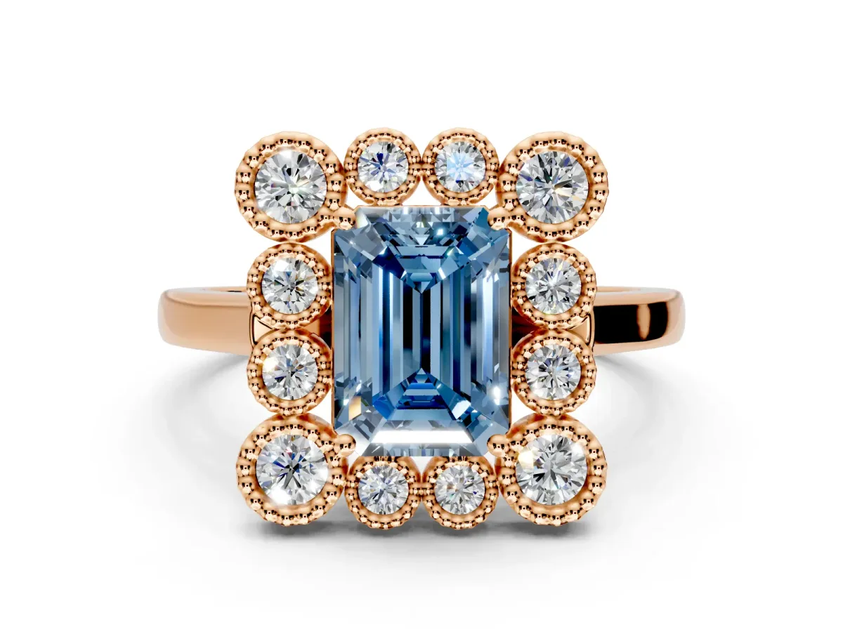 Cluster Halo Engagement Ring Setting for Fancy Blue Emerald Cut Center with Milgrain Bezel Accents and Prong Head in Rose Gold