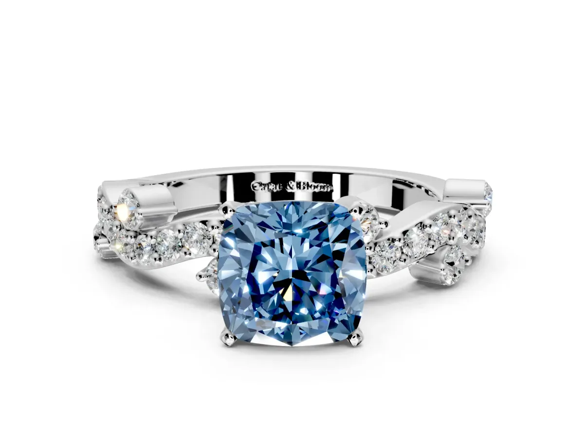 Solitaire Engagement Ring Setting for Fancy Blue Cushion Cut Center with Bar-Station Pave Twist and Prong Head in White Gold