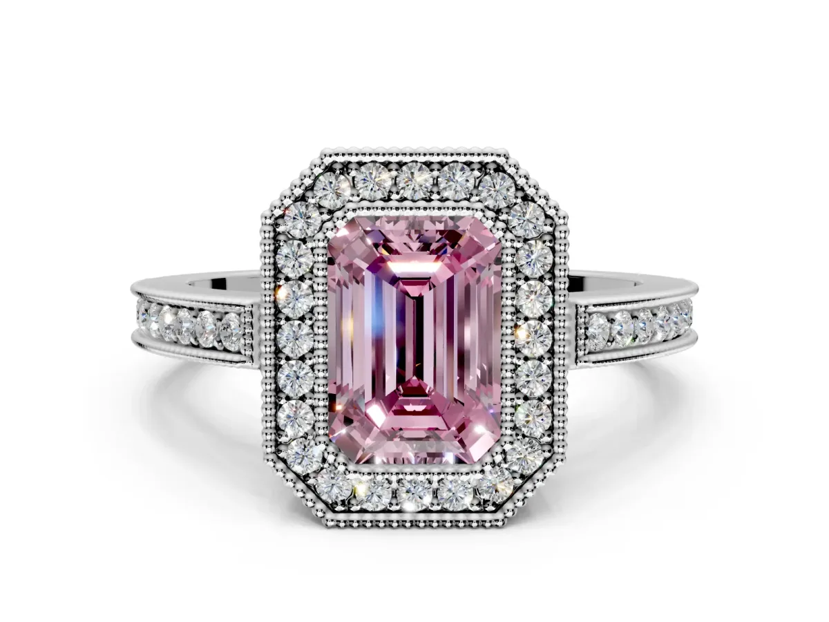 Halo Engagement Ring Setting for Fancy Pink Emerald Cut Center with Milgrain Halo, Pave Band and Prong Head in White Gold