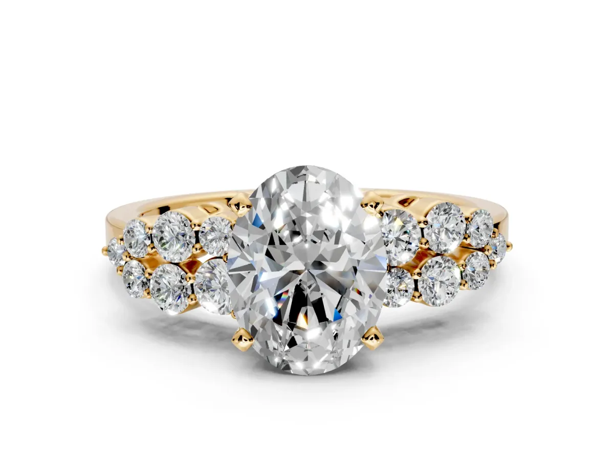 Cluster Engagement Ring Setting for Oval Center with 2-Row Shoulder Clusters and Prong Head in Yellow Gold