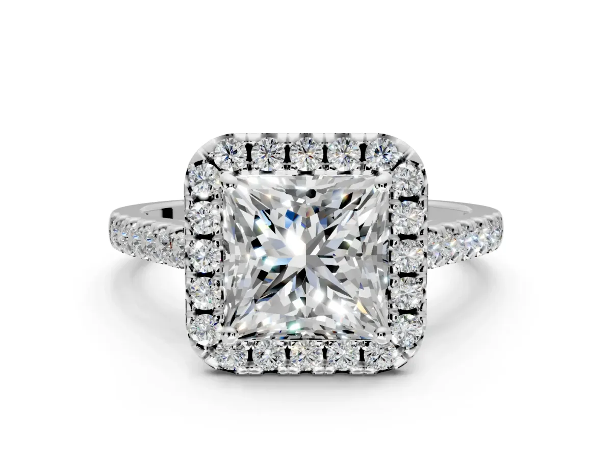 Halo Engagement Ring Setting for Princess Cut Center with Raised Halo, Pave Band and Prong Head in White Gold