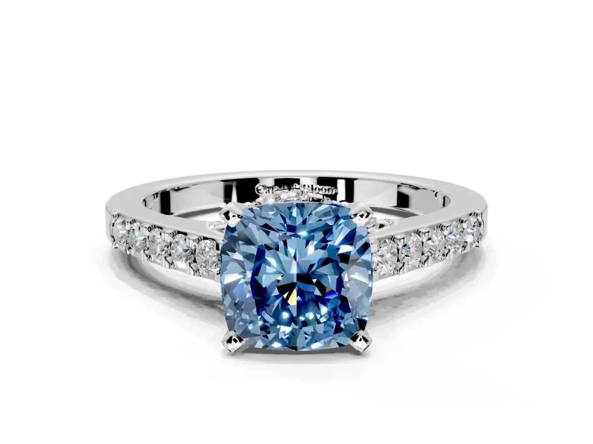 Solitaire Engagement Ring Setting for Fancy Blue Cushion Cut Center with Crossover Accents and Prong Head in Platinum