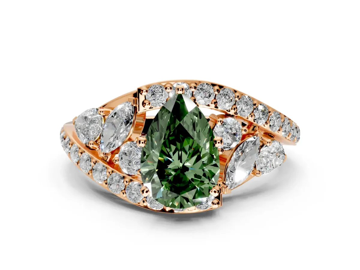 Halo Engagement Ring Setting for Fancy Green Pear-Shaped Center with Marquise and Pave Bypass Band and Prong Head in Rose Gold