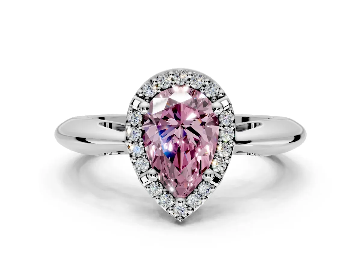 Halo Engagement Ring Setting for Fancy Pink Pear-Shaped Center with Tapered Plain Band and Prong Head in White Gold