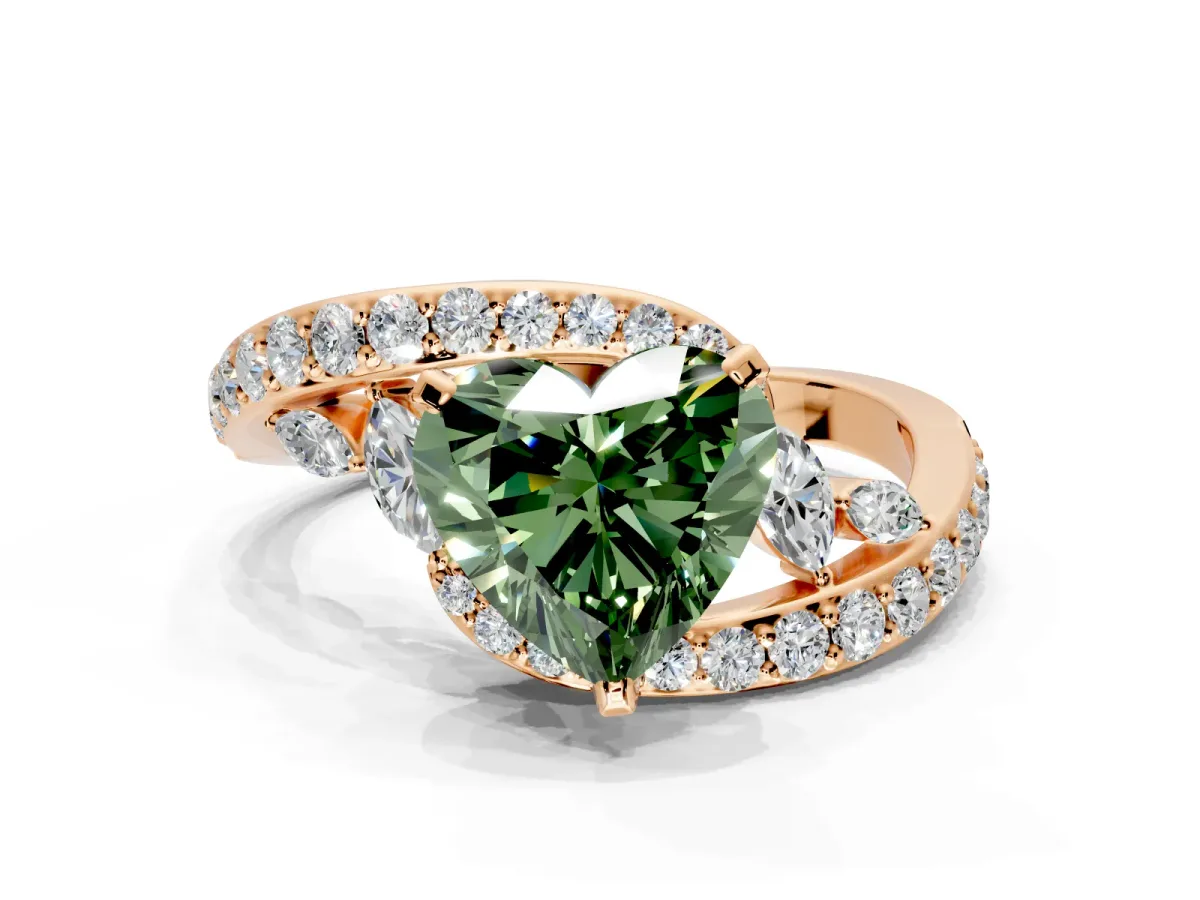 Solitaire Engagement Ring Setting for Fancy Green Heart-Shaped Center with Pave Bypass Twist Band and Prong Head in Rose Gold