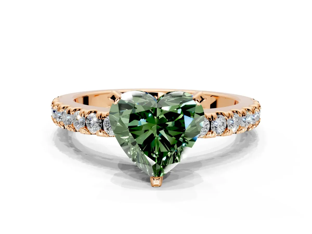 Solitaire Engagement Ring Setting for Fancy Green Heart-Shaped Center with Single Row Accent Band and Prong Head in Rose Gold