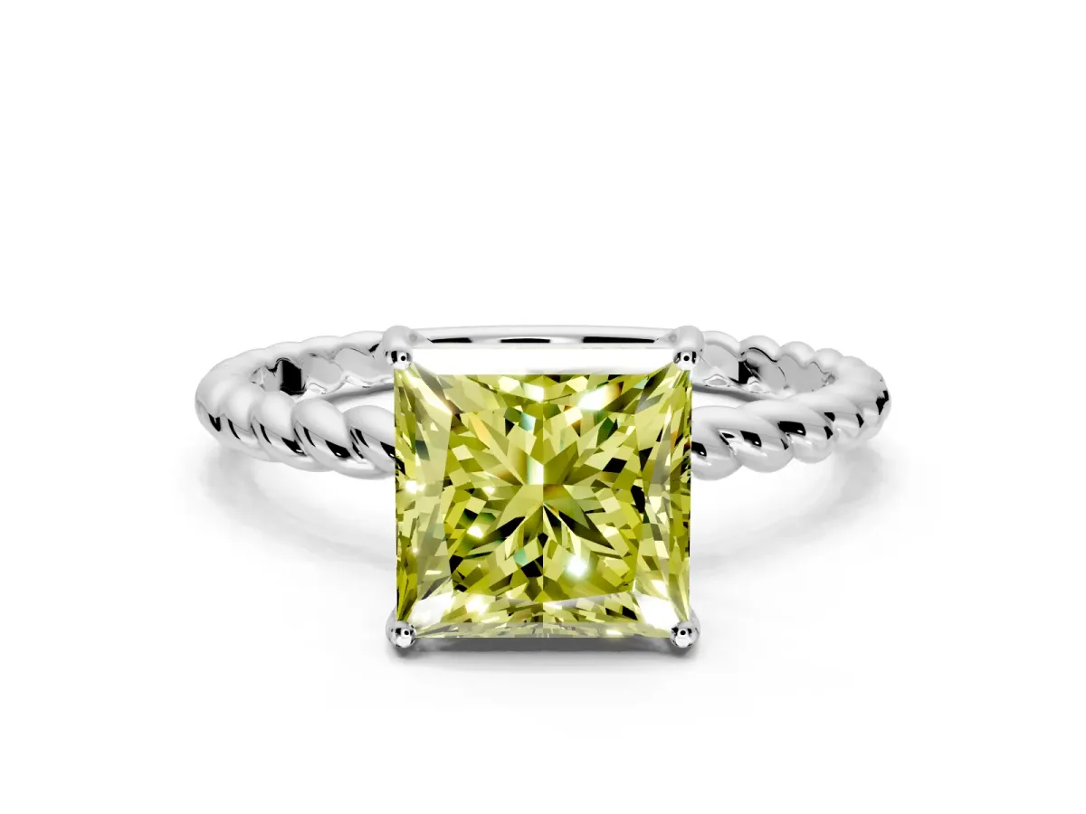Solitaire Engagement Ring Setting for Fancy Yellow Princess Cut Center with Plain Twisted Rope Band and Prong Head in Sterling Silver