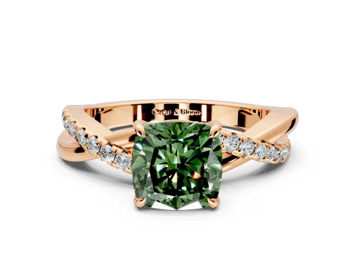 Crossover Engagement Ring Setting for Fancy Green Cushion Cut Center with Pave and Plain Strands and Prong Head in Rose Gold