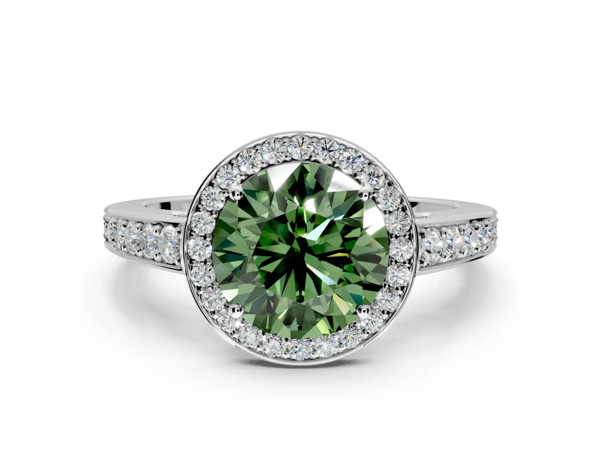 Bezel-Framed Halo Engagement Ring Setting for Fancy Green Round Cut Center with Pave Band and Prong Head in Platinum