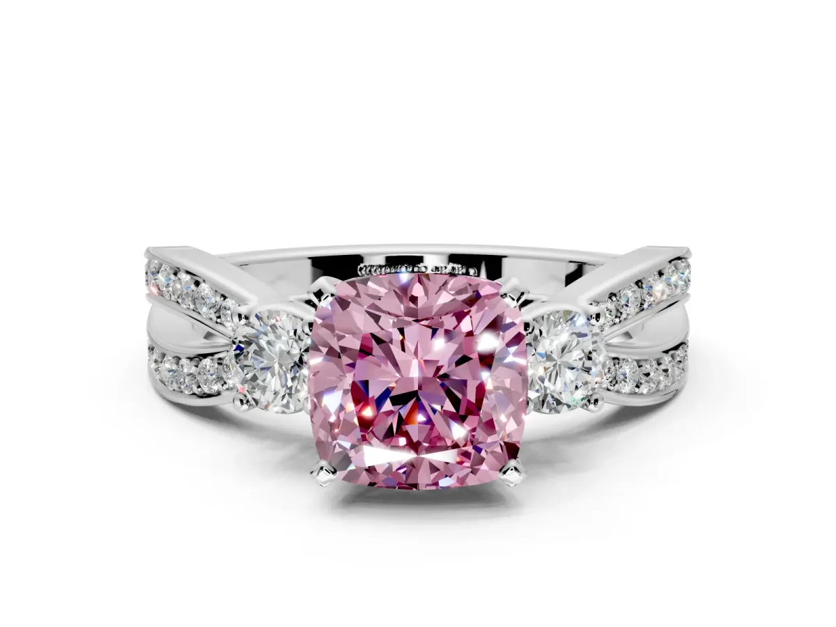 3 Stone Engagement Ring Setting for Fancy Pink Cushion Cut Center with Pave Twist Band and Prong Head in Sterling Silver