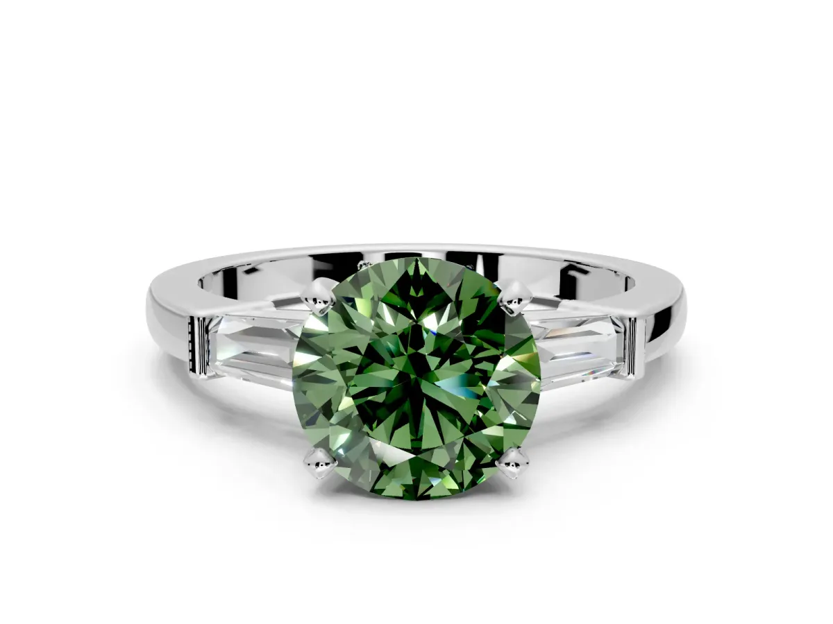 3 Stone Engagement Ring Setting for Fancy Green Round Cut Center with Channel Baguette Accents and Prong Head in Sterling Silver