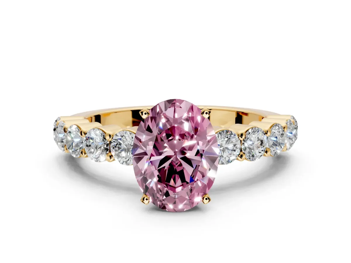 Shared-Prong Engagement Ring Setting for Fancy Pink Oval Center with Graduated Accents and Prong Head in Yellow Gold