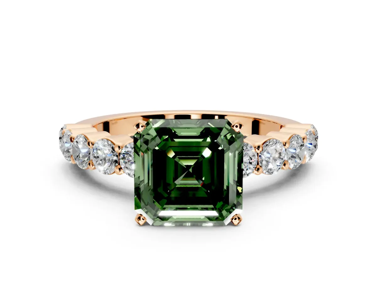 Shared-Prong Engagement Ring Setting for Fancy Green Asscher Cut Center with Graduated Accents and Prong Head in Rose Gold