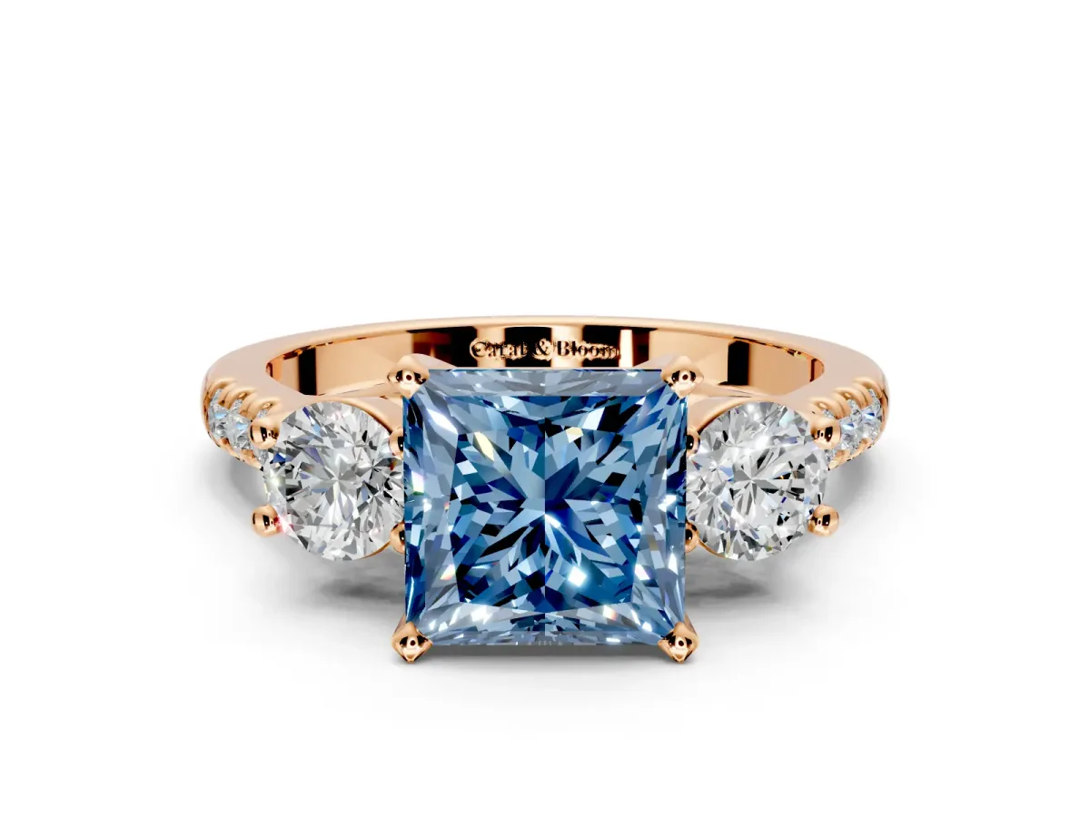 3 Stone Engagement Ring Setting for Fancy Blue Princess Cut Center with Crossover Basket, Pave Band and Prong Head in Rose Gold