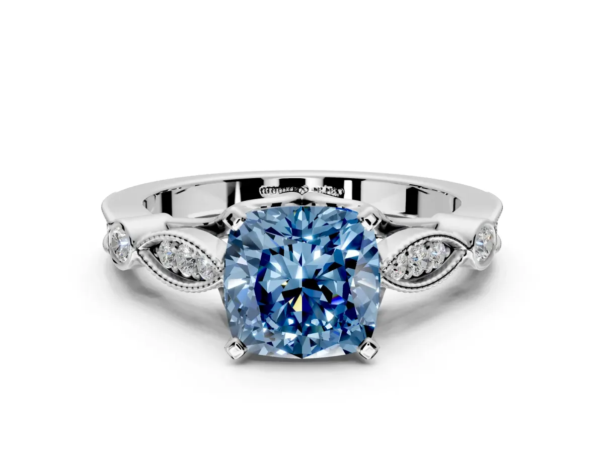 Solitaire Engagement Ring Setting for Fancy Blue Cushion Cut Center with Marquise and Bezel Accents and Prong Head in White Gold