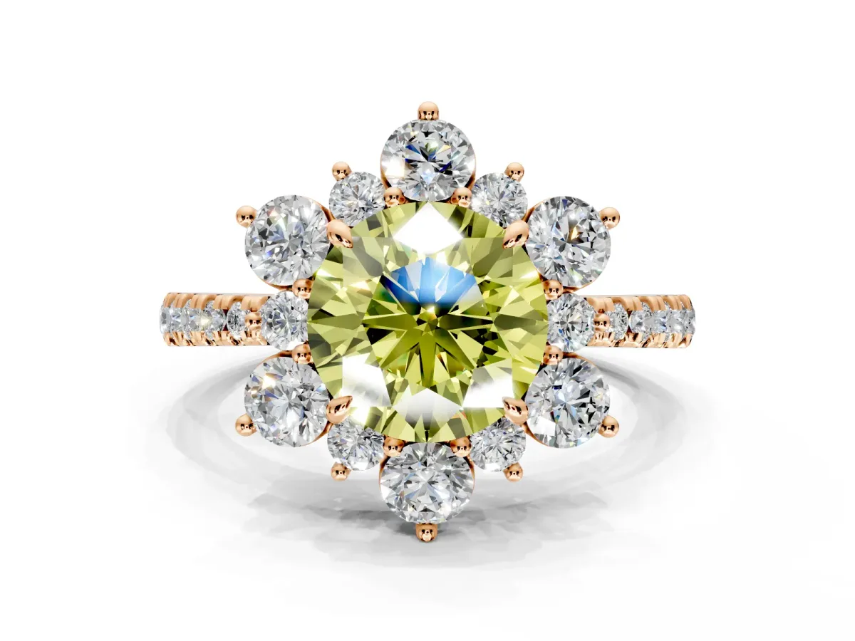 Floral Halo Engagement Ring Setting for Fancy Yellow Round Cut Center with Pave Accents and Prong Head in Rose Gold