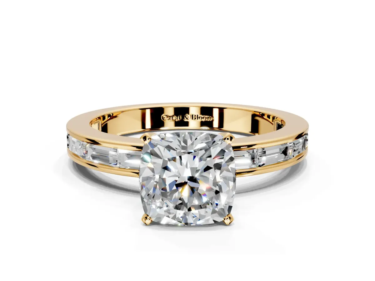 Solitaire Engagement Ring Setting for Cushion Cut Center with Channel Baguette Band and Prong Head in Yellow Gold