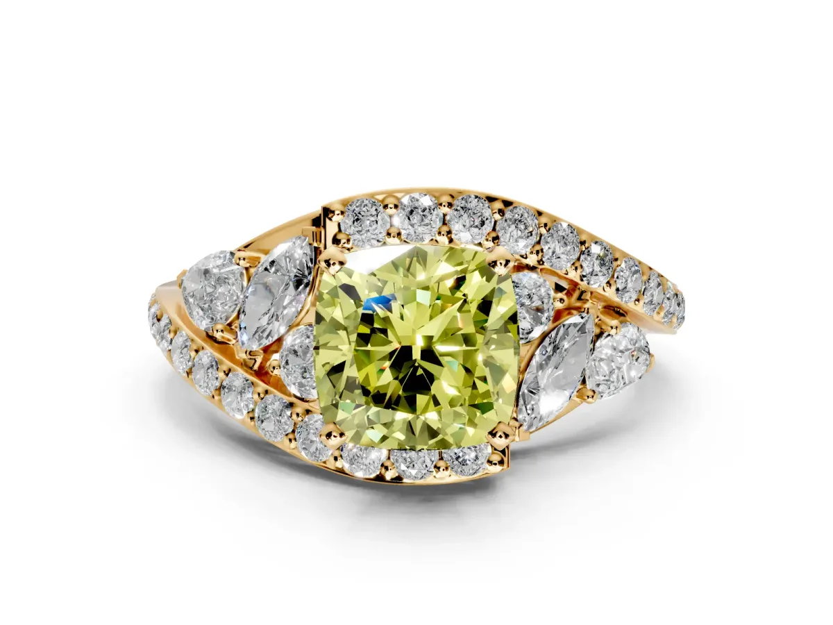 Halo Engagement Ring Setting for Fancy Yellow Cushion Cut Center with Marquise and Pave Bypass Band and Prong Head in Yellow Gold
