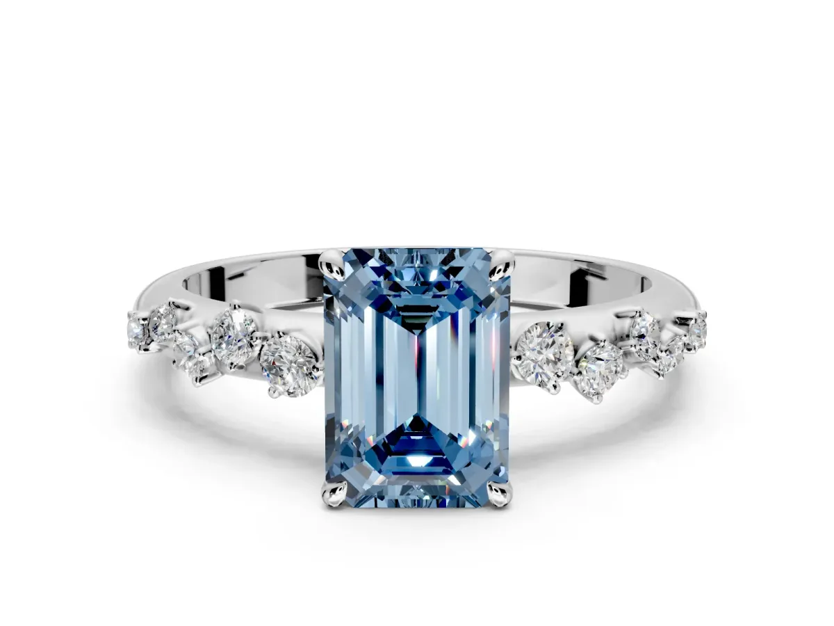 Cluster Engagement Ring Setting for Fancy Blue Emerald Cut Center with Round Cut Accent Band and Prong Head in Sterling Silver