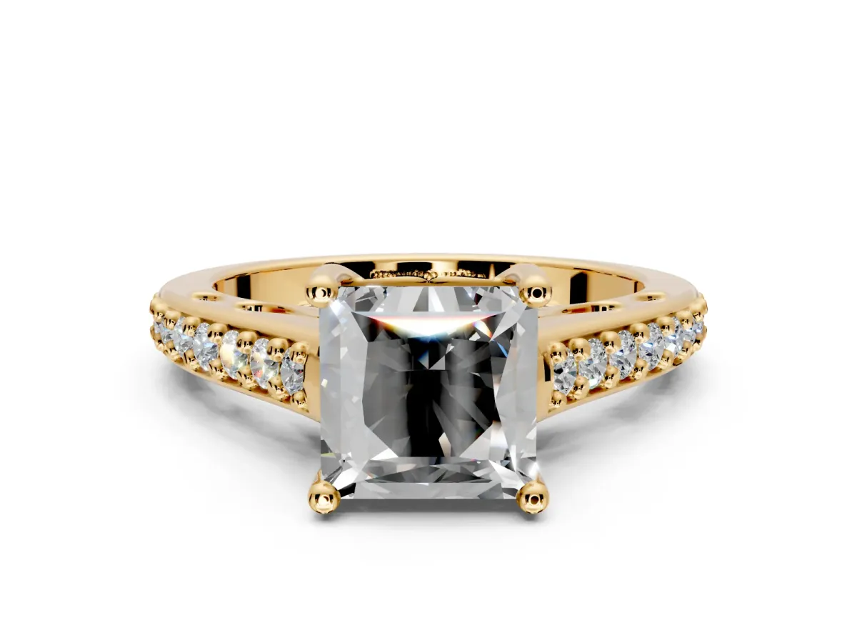 Solitaire Engagement Ring Setting for Princess Cut Center with Pave Cathedral Band and Prong Head in Yellow Gold