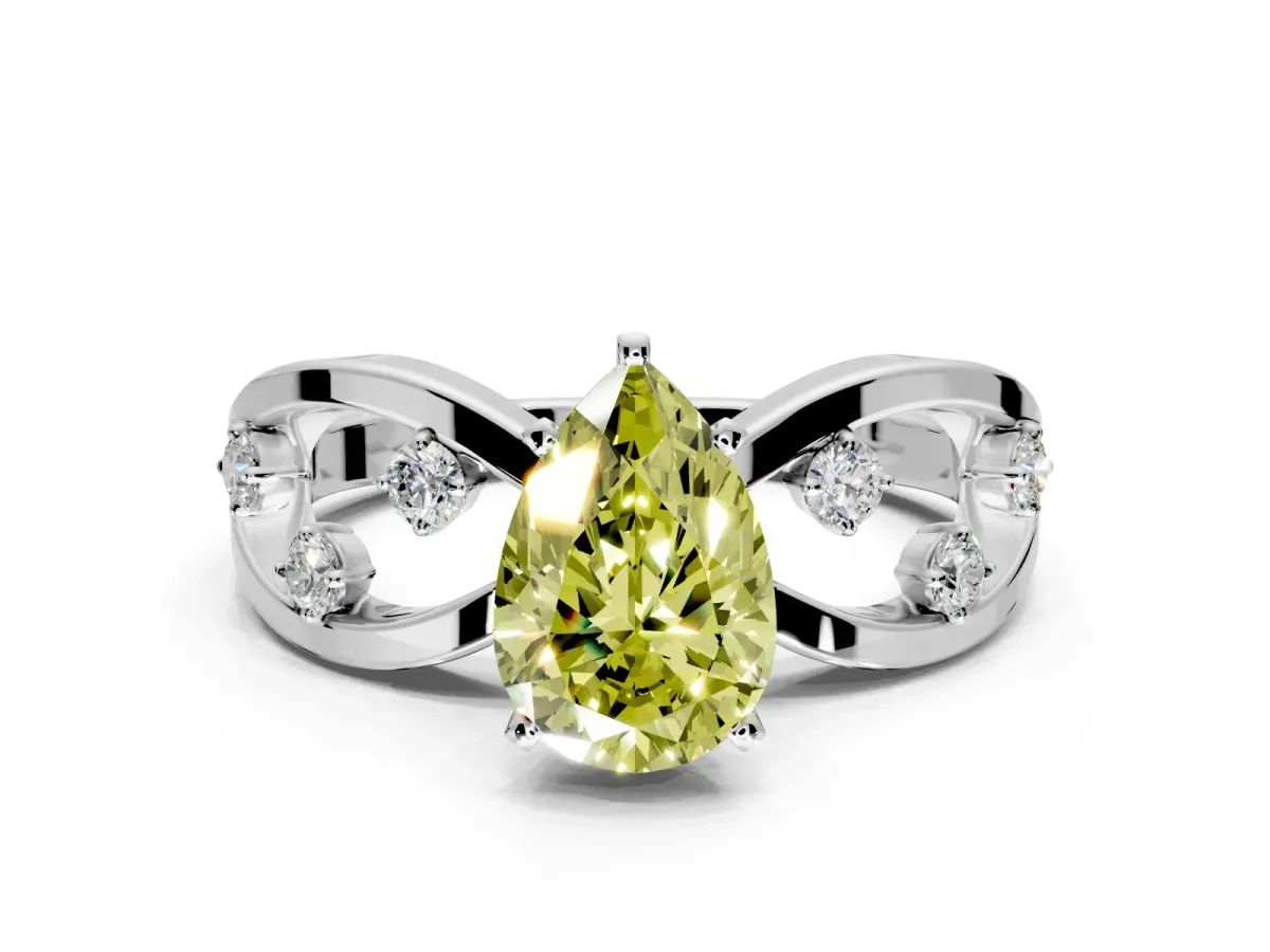 Solitaire Engagement Ring Setting for Fancy Yellow Pear-Shaped Center with Criss-Cross Accent Band and Prong Head in White Gold