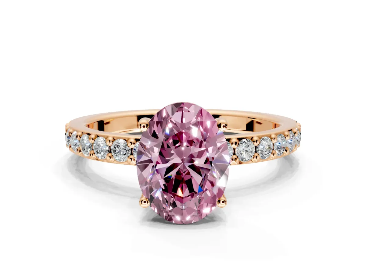 Solitaire Engagement Ring Setting for Fancy Pink Oval Center with Round Cut Pave Band and Prong Head in Rose Gold