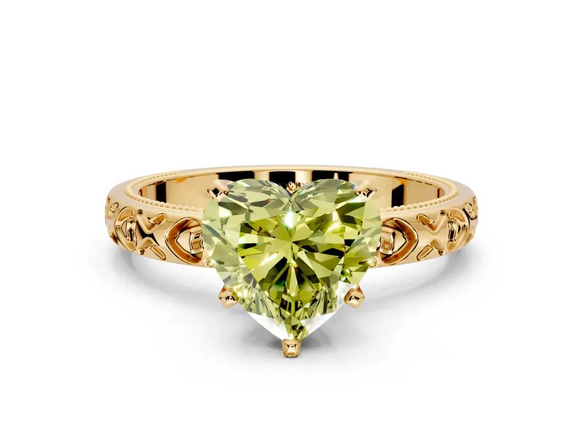 Solitaire Engagement Ring Setting for Fancy Yellow Heart-Shaped Center with XO Engraved Band and Prong Head in Yellow Gold