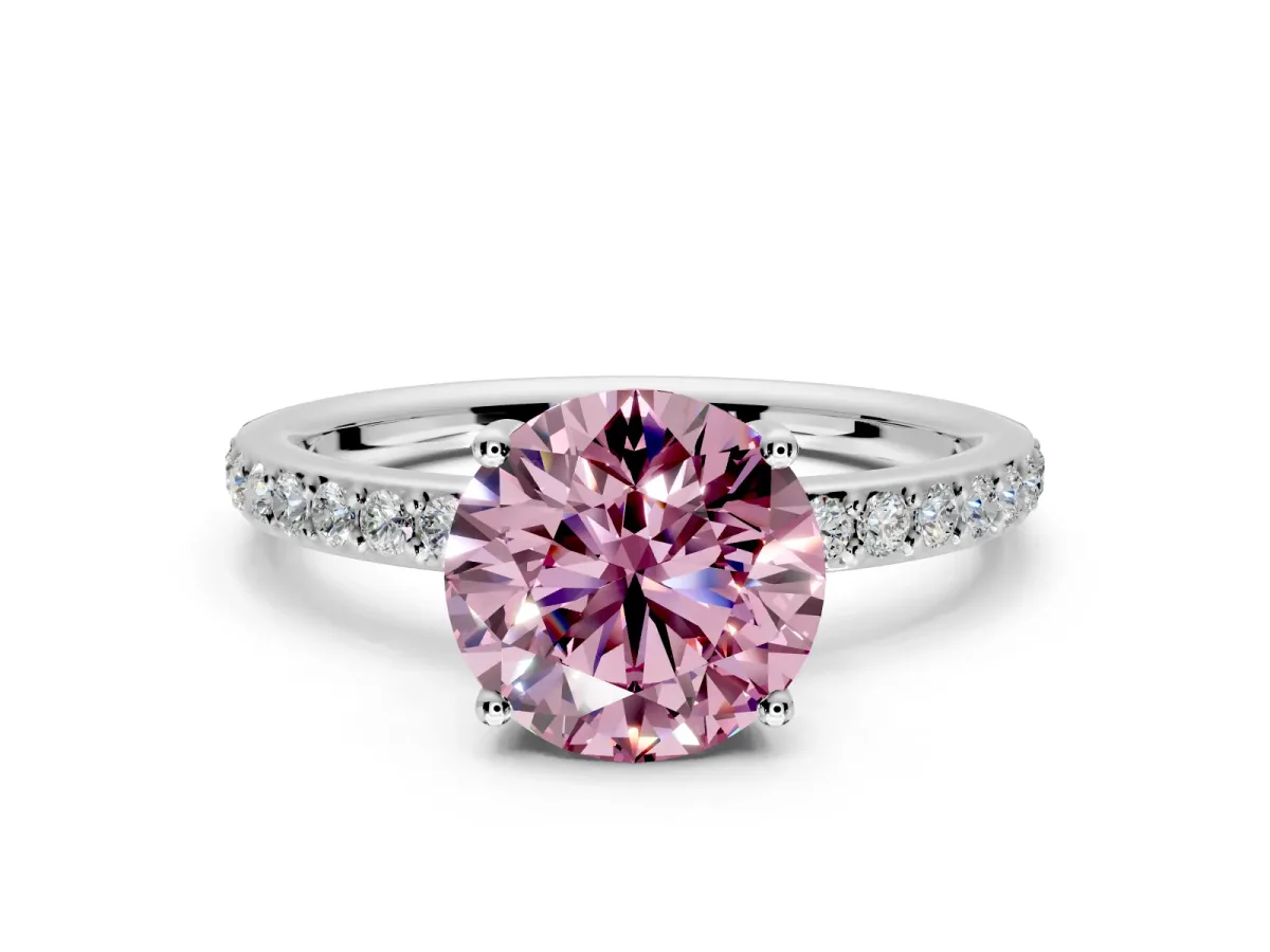 Solitaire Engagement Ring Setting for Fancy Pink Round Cut Center with Fine Pave Band and Prong Head in Sterling Silver