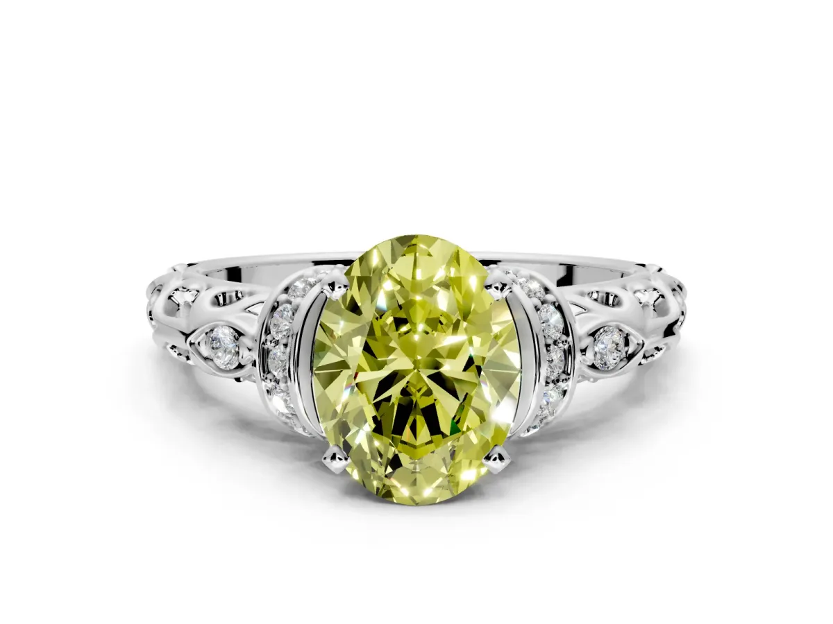 Solitaire Engagement Ring Setting for Fancy Yellow Oval Center with Filigree Band and Prong Head in White Gold
