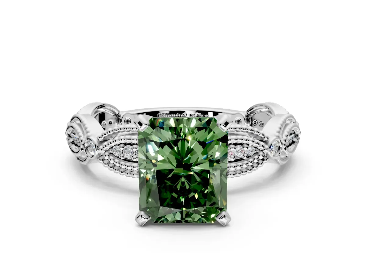 Solitaire Engagement Ring Setting for Fancy Green Radiant Cut Center with Marquise Panel Band and Prong Head in Platinum