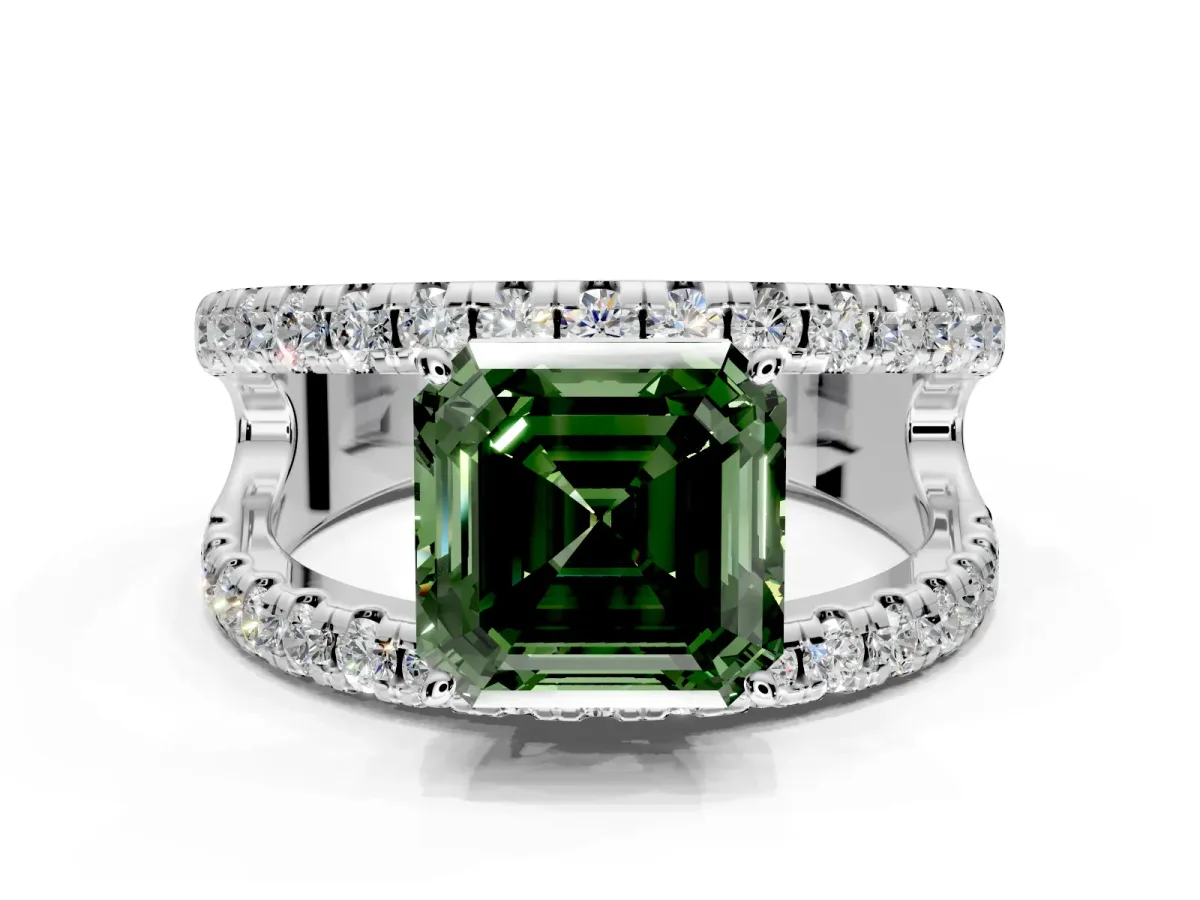 Solitaire Engagement Ring Setting for Fancy Green Asscher Cut Center with Wide-Open Split Shank and Prong Head in Sterling Silver